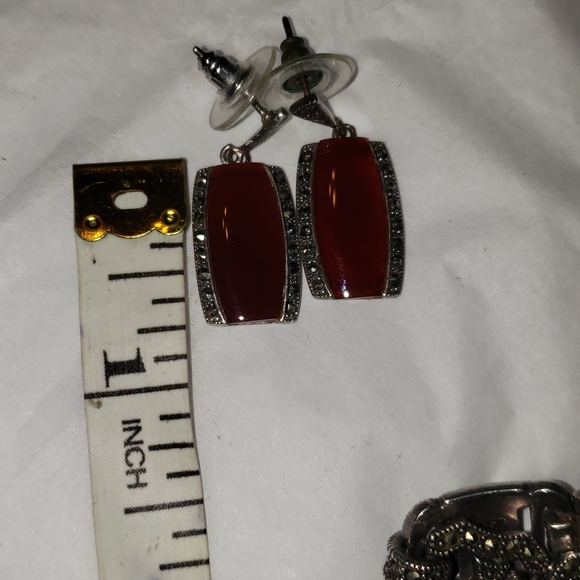 Old Silver 925 Jewelry Set,Carnelian Stone,Marcasite.Ring Size8. - Picture 4 of 10